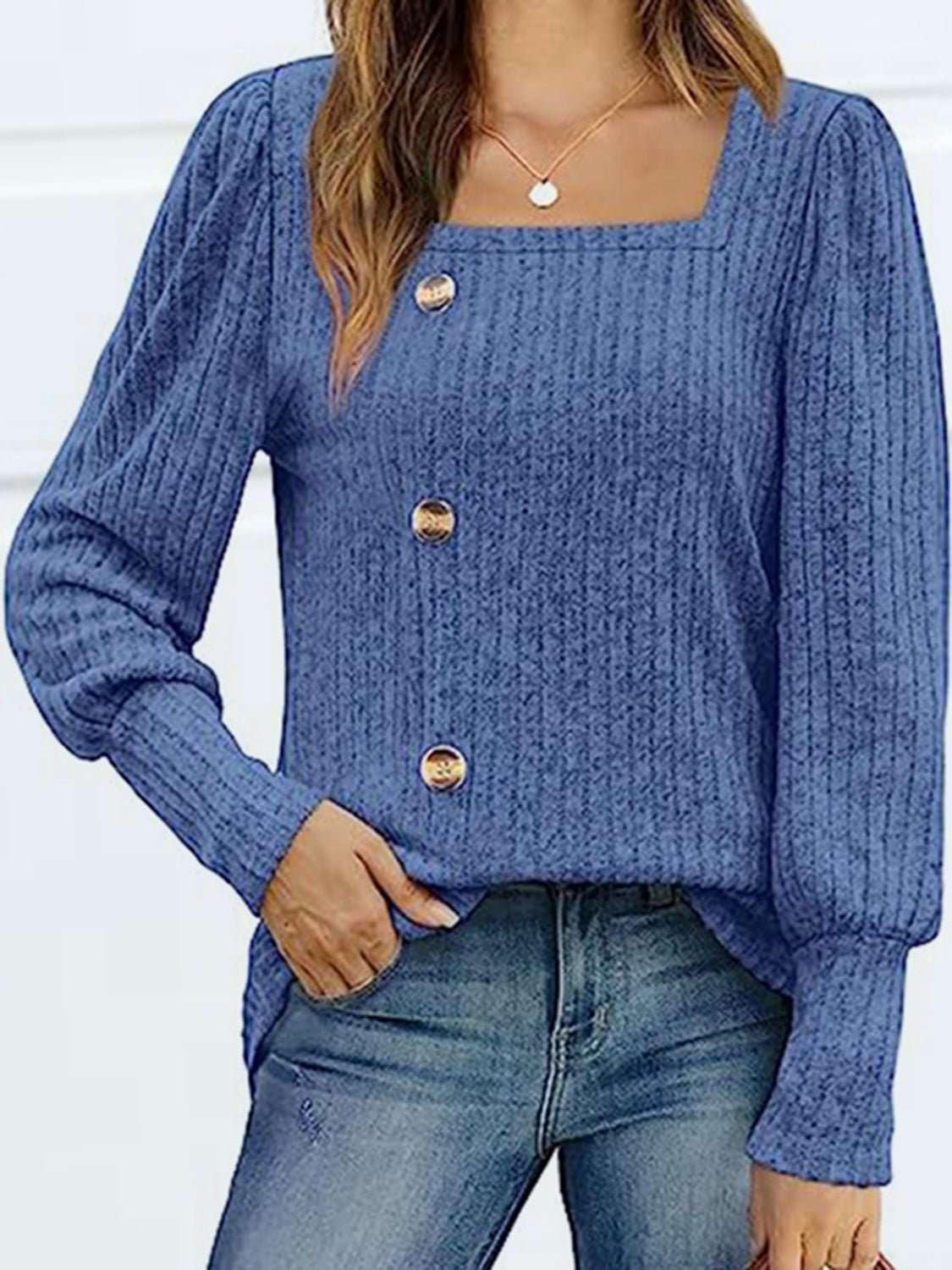 Decorative Button Square Neck Top - VILLA FASHION
